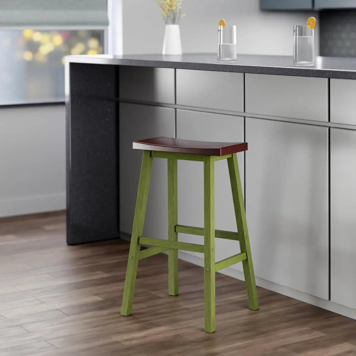 Winsome Satori Saddle Seat 29" Bar Stool | Rustic Green Walnut Comfort - view 3