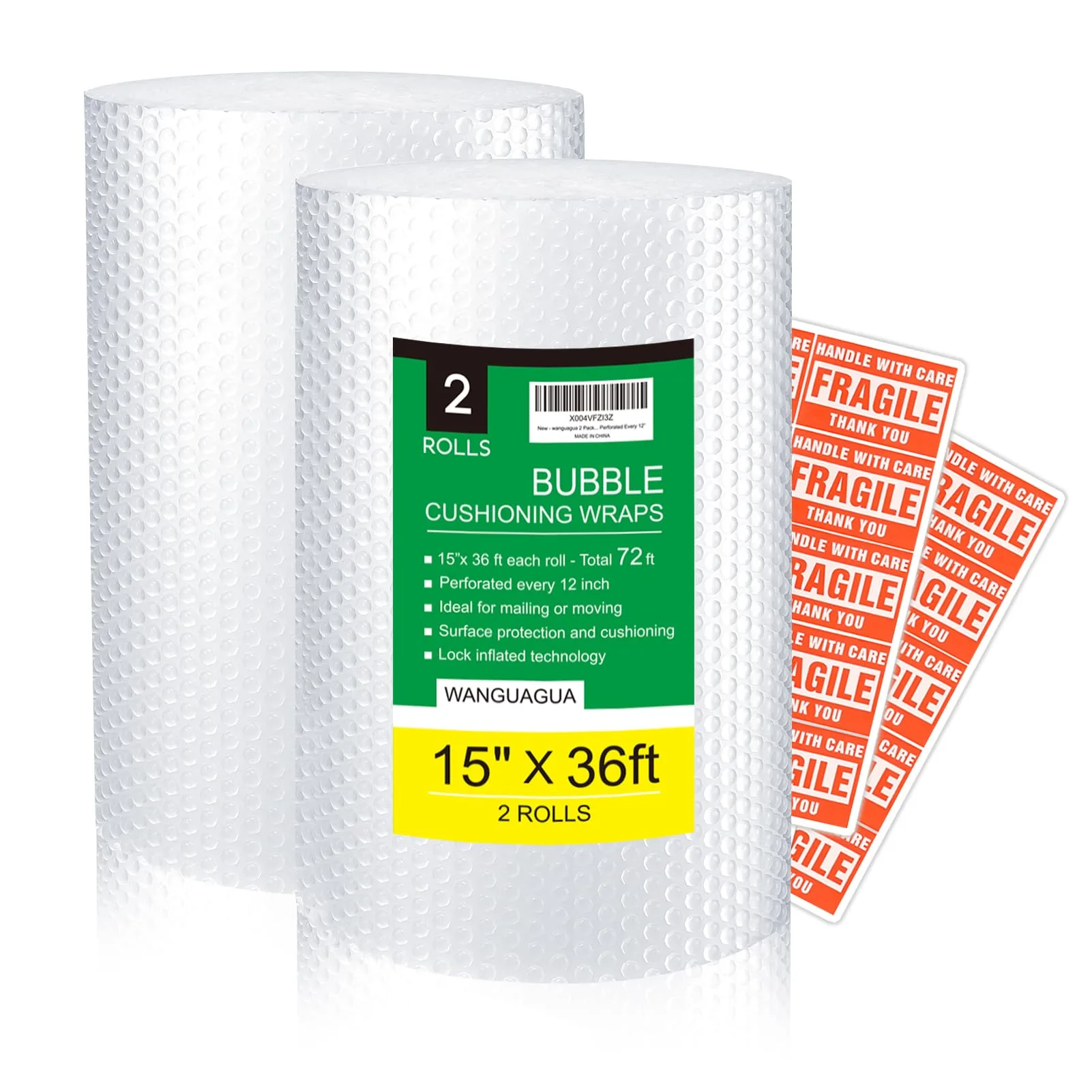 wanguagua Bubble Packing Wrap Perforated 15 Inch x 72 ft Total | ISO9001 Certified Reusable Cushioning - main product image
