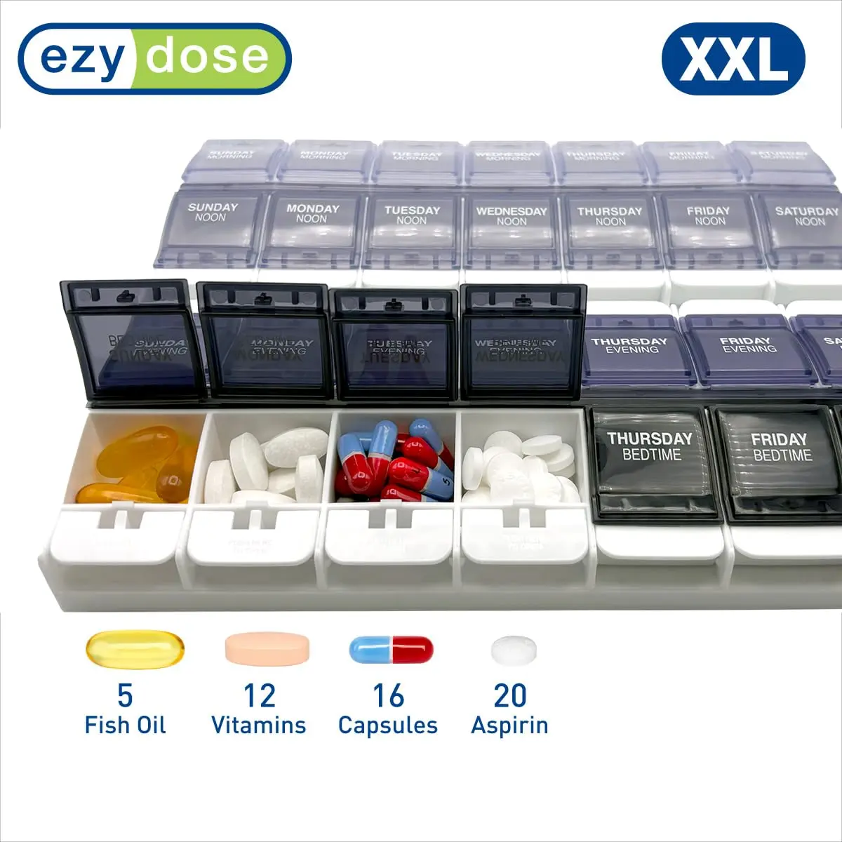 EZY DOSE Push Button Weekly 7-Day Pill Organizer 2XL | 28 Compartments for 4 Daily Doses - view 3
