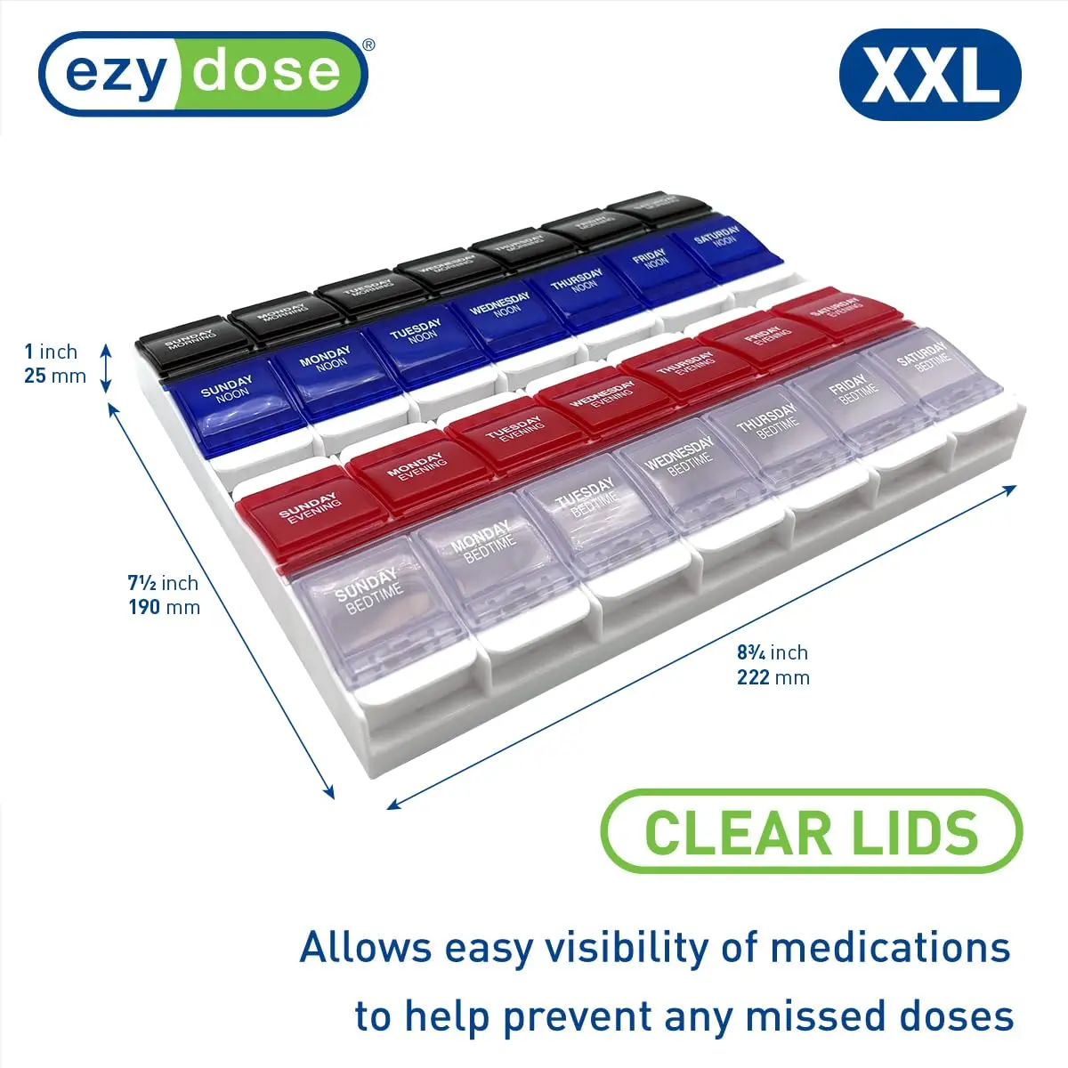 EZY DOSE Weekly Pill Organizer 7-Day, 4X/Day, 2XL | Push Button, Large Compartments, Travel Friendly - view 2