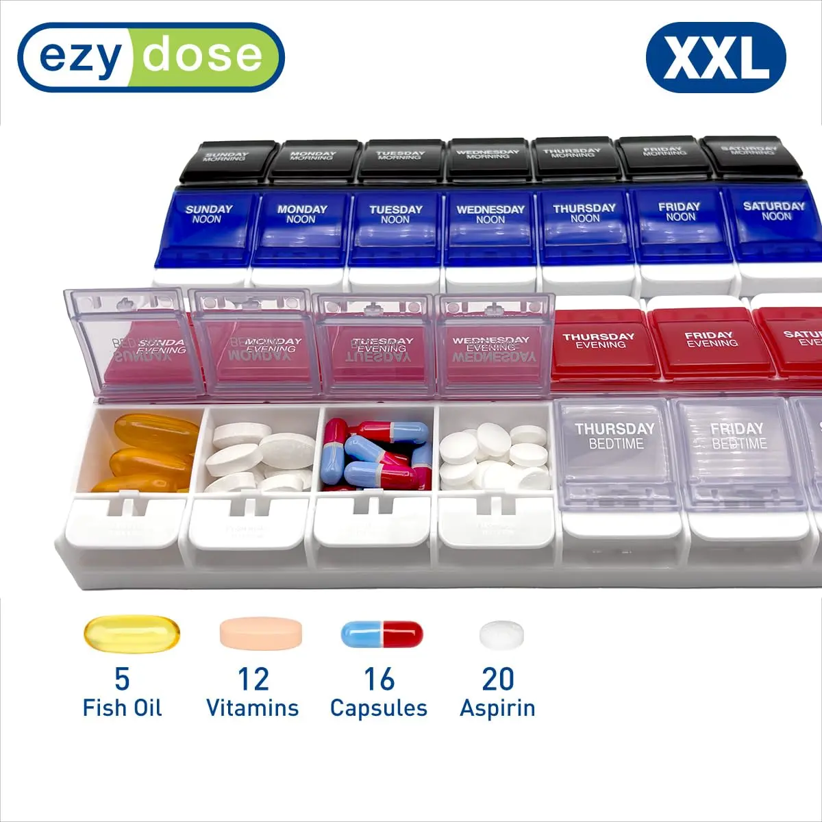EZY DOSE Weekly Pill Organizer 7-Day, 4X/Day, 2XL | Push Button, Large Compartments, Travel Friendly - view 3
