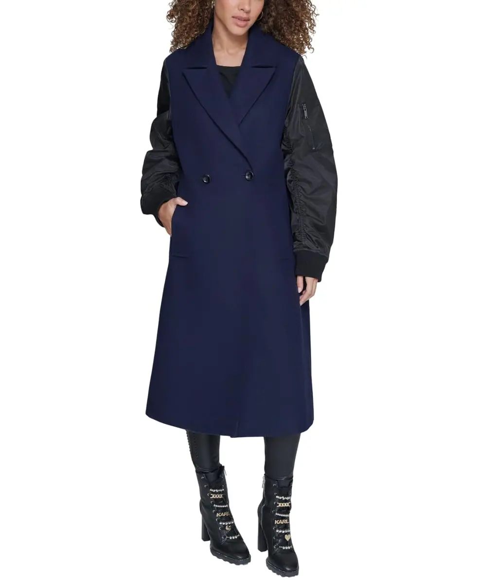 KARL LAGERFELD Paris Women's Long Wool Mix Media Double Breasted Jacket Navy, XX-Large | Timeless Warmth & Style - main product image