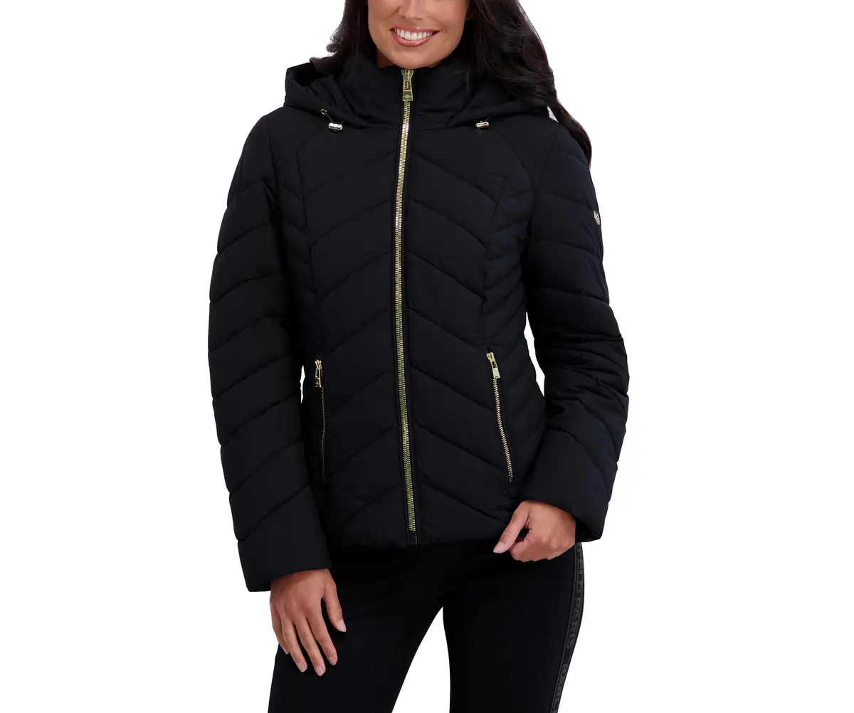 KARL LAGERFELD Paris Women's Chevron Lightweight Puffer, Black, Small | Stylish lightweight warmth for transitional weather - view 2
