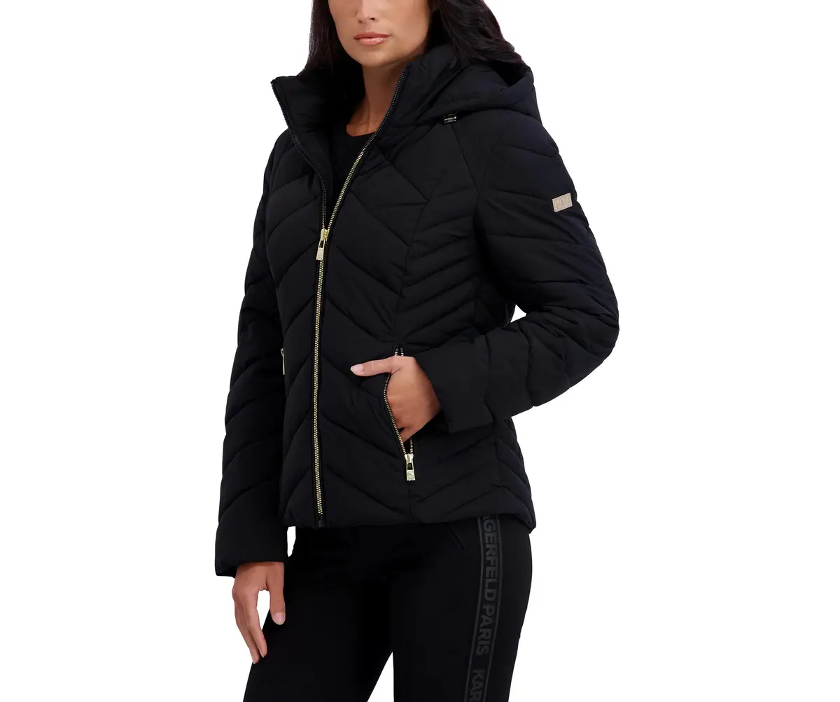 KARL LAGERFELD Paris Women's Chevron Lightweight Puffer, Black, Small | Stylish lightweight warmth for transitional weather - view 3