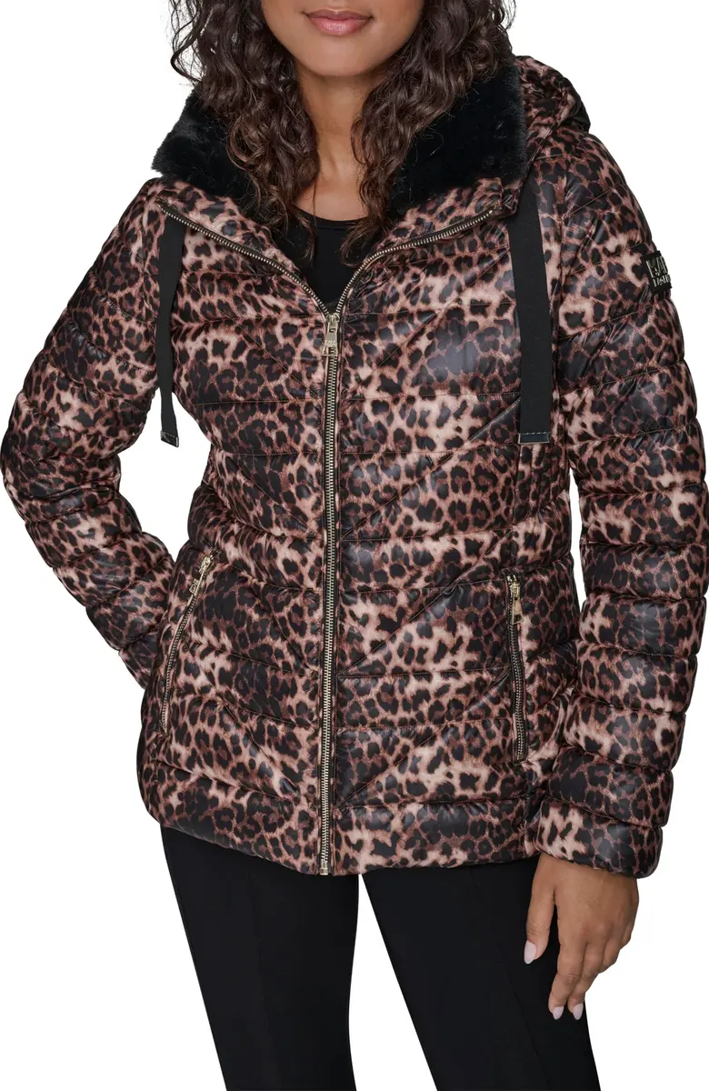 KARL LAGERFELD Paris Women's Zip Front Double Collar Leopard Jacket | Versatile, Warm & Stylish - main product image