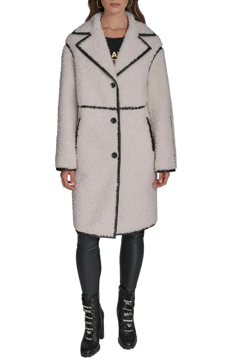 KARL LAGERFELD Paris Women's Long Faux Shearling Jacket, Ivory, Small | Cozy winter staple with Parisian style - main product image