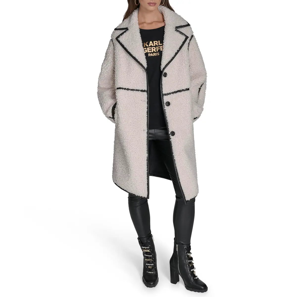KARL LAGERFELD Paris Women's Long Faux Shearling Jacket, Ivory, Small | Cozy winter staple with Parisian style - view 5