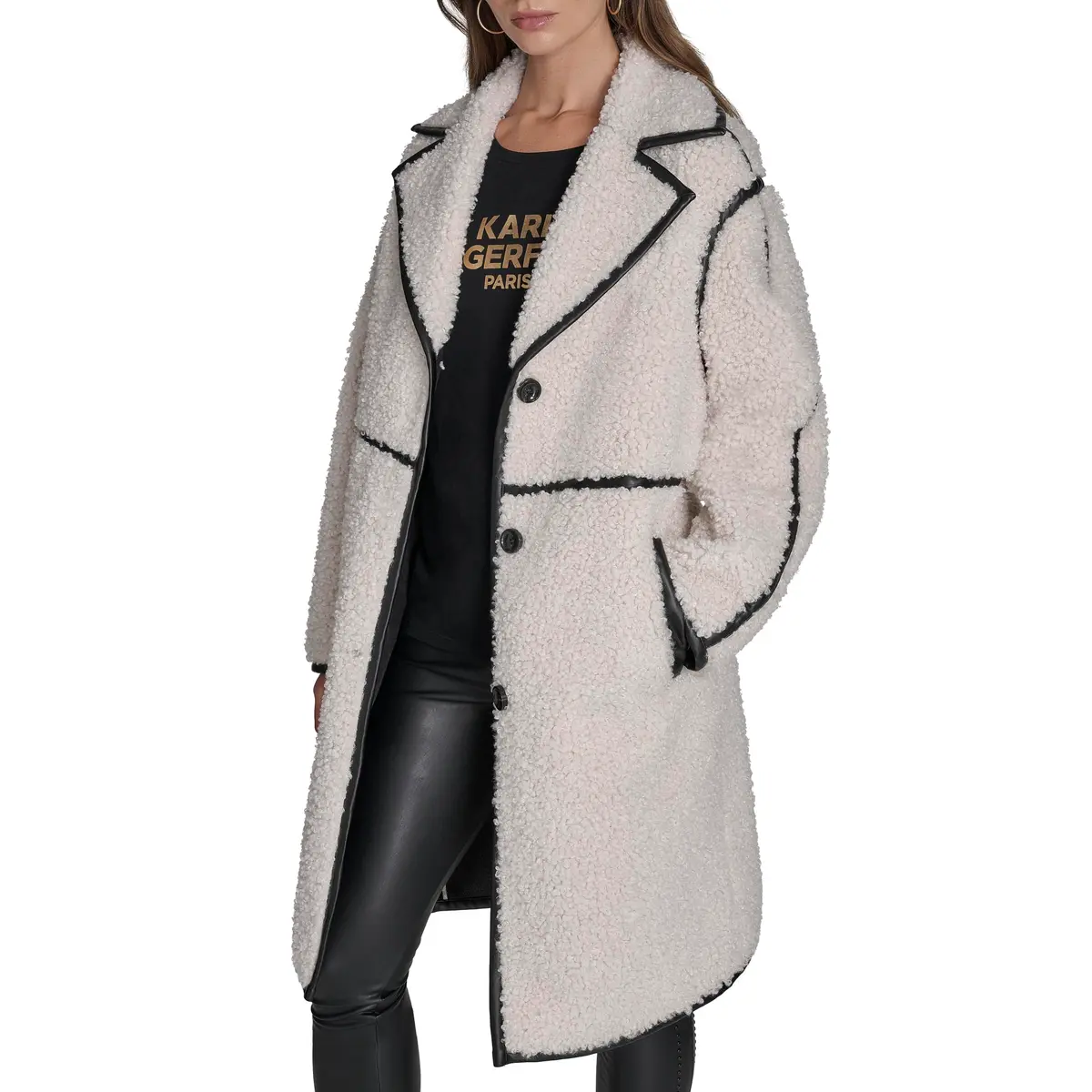 KARL LAGERFELD Paris Women's Long Faux Shearling Jacket, Ivory, Small | Cozy winter staple with Parisian style - view 4