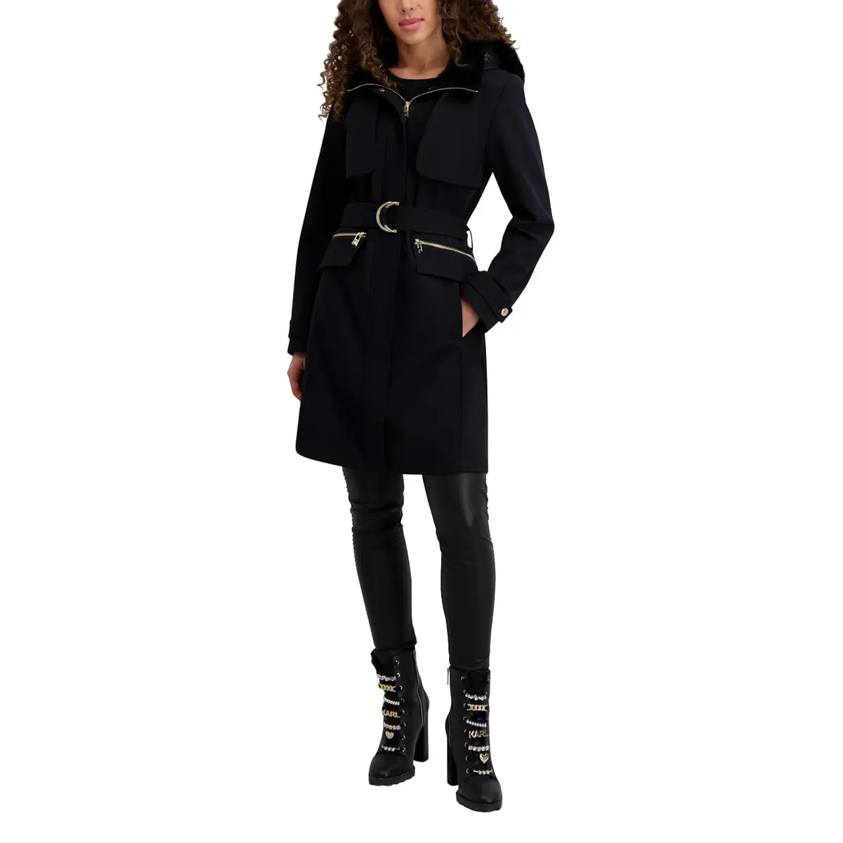 KARL LAGERFELD Paris Women's Zip Front Jacket with Fur Trim Hood Black, Small | Versatile Cold Weather Coat - main product image