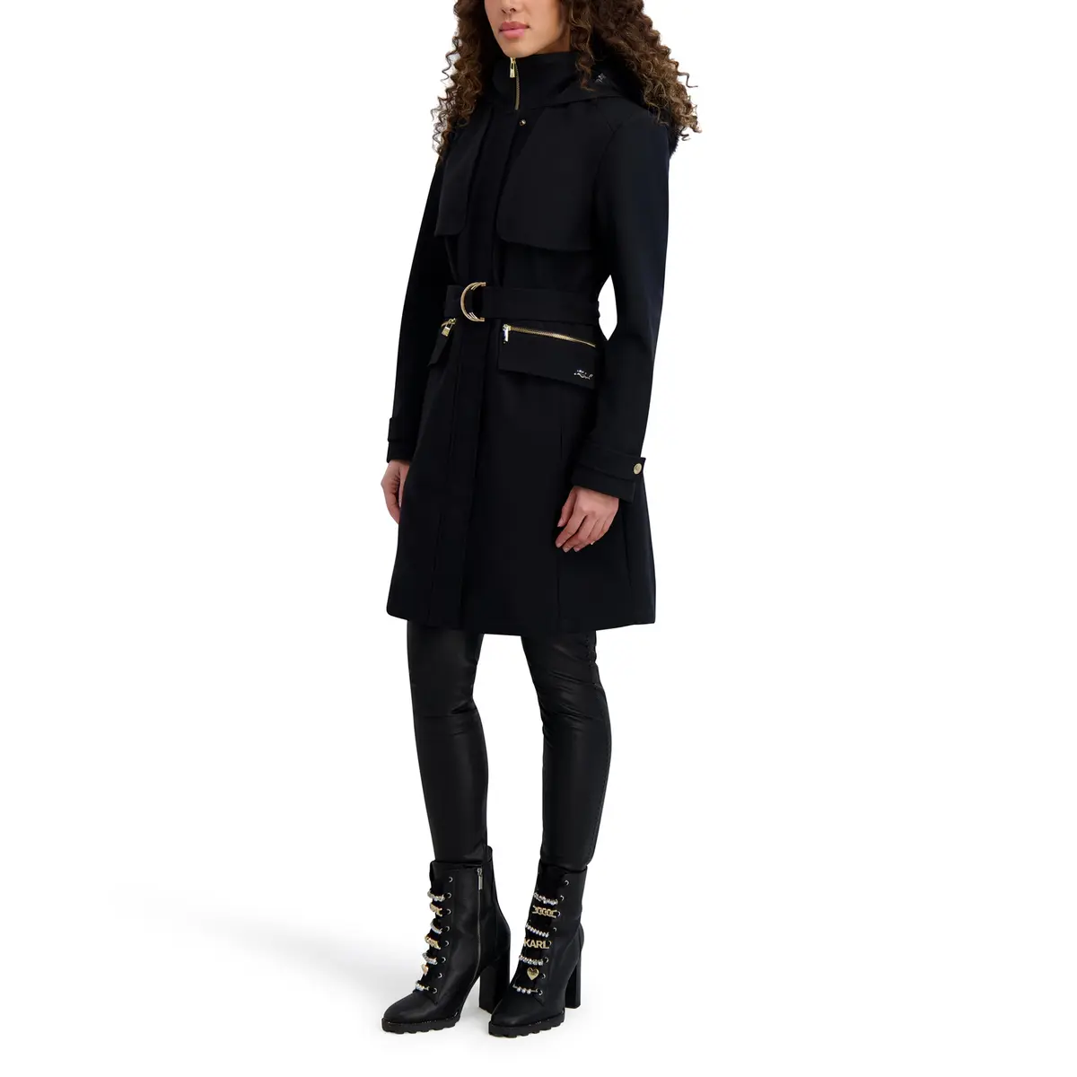KARL LAGERFELD Paris Women's Zip Front Jacket with Fur Trim Hood Black, Small | Versatile Cold Weather Coat - view 2