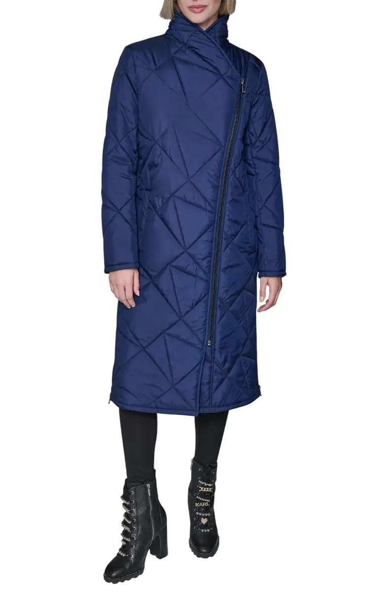 KARL LAGERFELD Paris Women's Quilted Assymetrical Long Coat Navy, Large | Versatile, Warm & Stylish for All Seasons - main product image