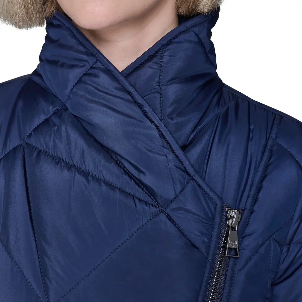 KARL LAGERFELD Paris Women's Quilted Assymetrical Long Coat Navy, Large | Versatile, Warm & Stylish for All Seasons - view 2