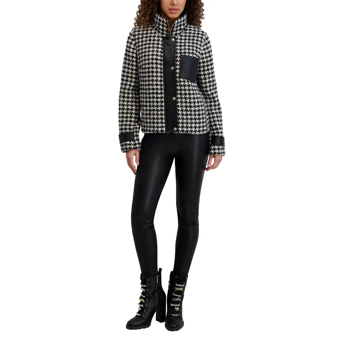 KARL LAGERFELD Paris Women's Houndstooth Short Jacket with Faux Leather Trim Black/White | Versatile Fall-Winter Style - main product image