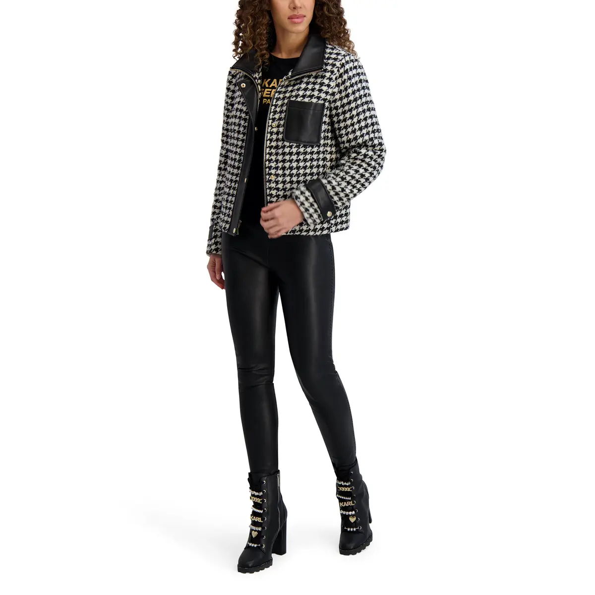 KARL LAGERFELD Paris Women's Houndstooth Short Jacket with Faux Leather Trim Black/White | Versatile Fall-Winter Style - view 2