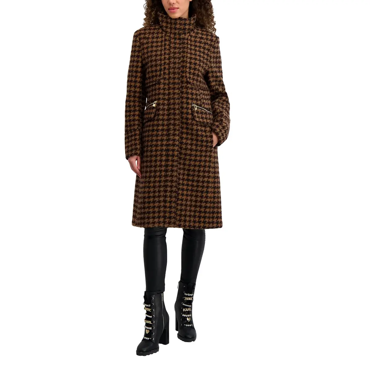 KARL LAGERFELD Paris Women's Houndscheck Zip Front Walker Jacket Brown Multi | Wool Blend, Fall - main product image