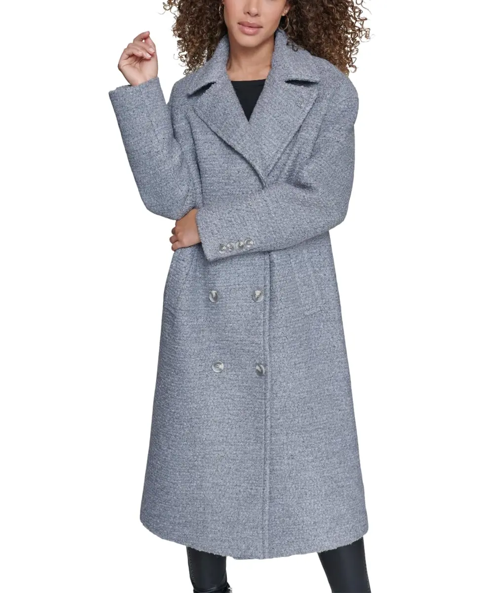 KARL LAGERFELD Paris Women's Classic Long Double Breasted Wool Peacoat Grey | Timeless Style & Warmth - main product image