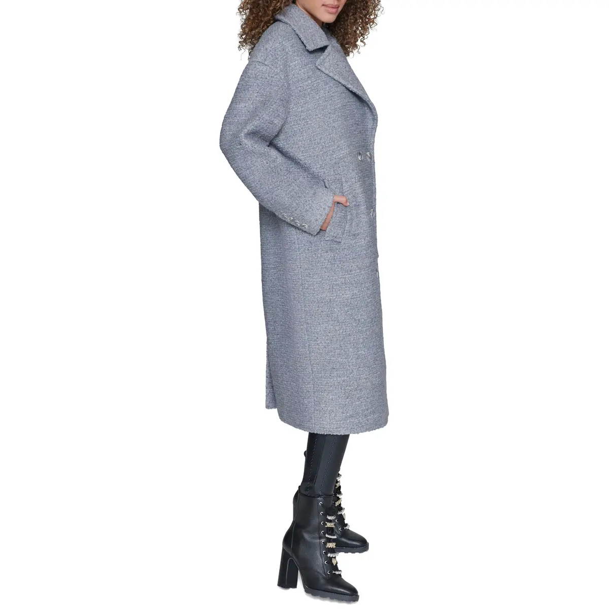 KARL LAGERFELD Paris Women's Classic Long Double Breasted Wool Peacoat Grey | Timeless Style & Warmth - view 4
