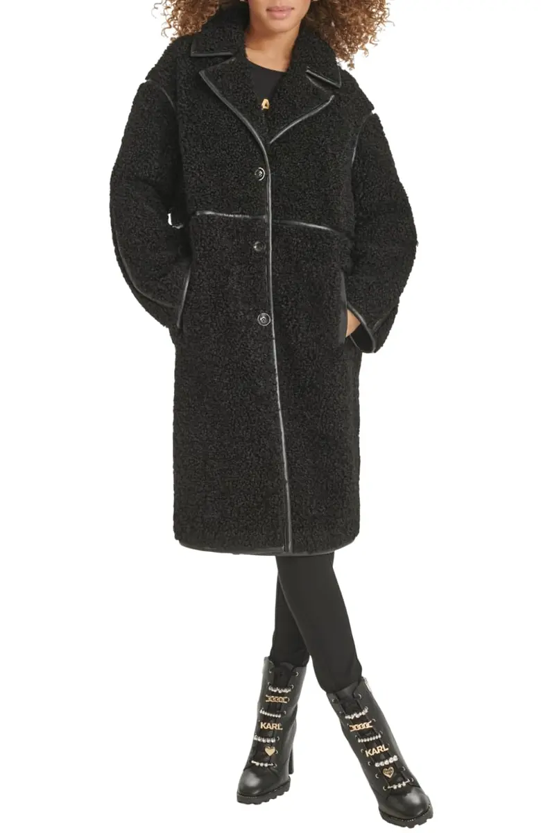KARL LAGERFELD Paris Women's Long Faux Shearling Jacket, Black, Large | Cozy Warmth & Parisian Style - main product image