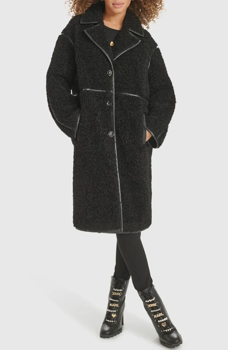 KARL LAGERFELD Paris Women's Long Faux Shearling Jacket, Black, Large | Cozy Warmth & Parisian Style - view 3