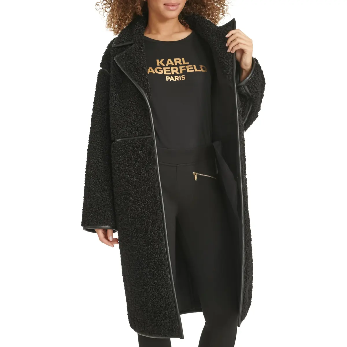 KARL LAGERFELD Paris Women's Long Faux Shearling Jacket, Black, Large | Cozy Warmth & Parisian Style - view 4