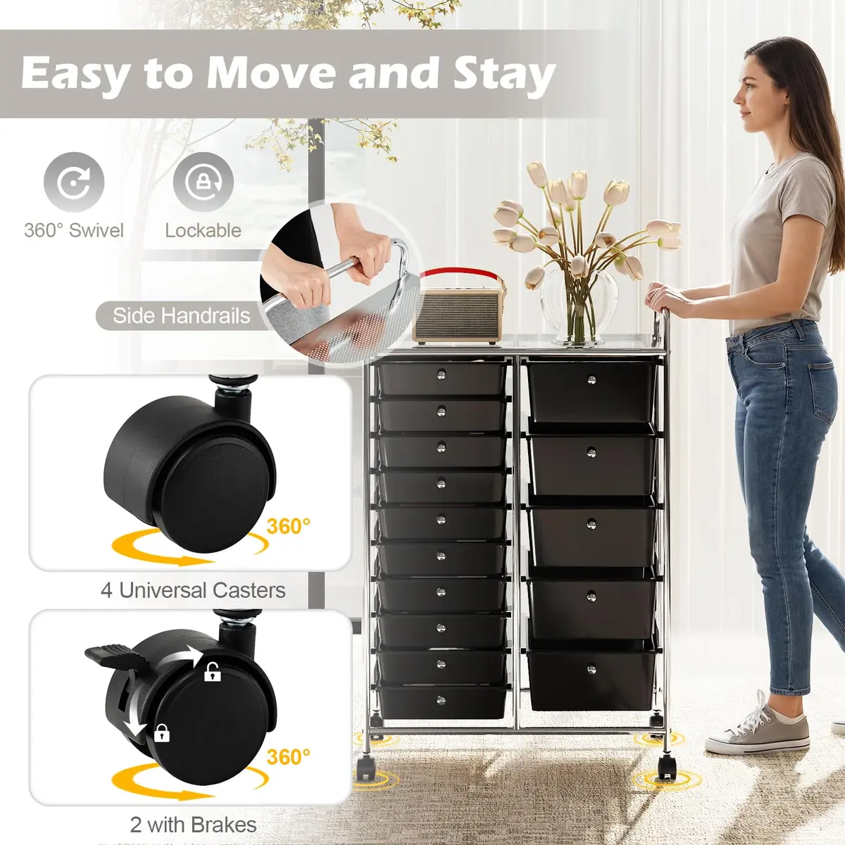 RELAX4LIFE 15-Drawer Rolling Storage Cart | Lockable Wheels & Removable Drawers for Home & Office - view 5