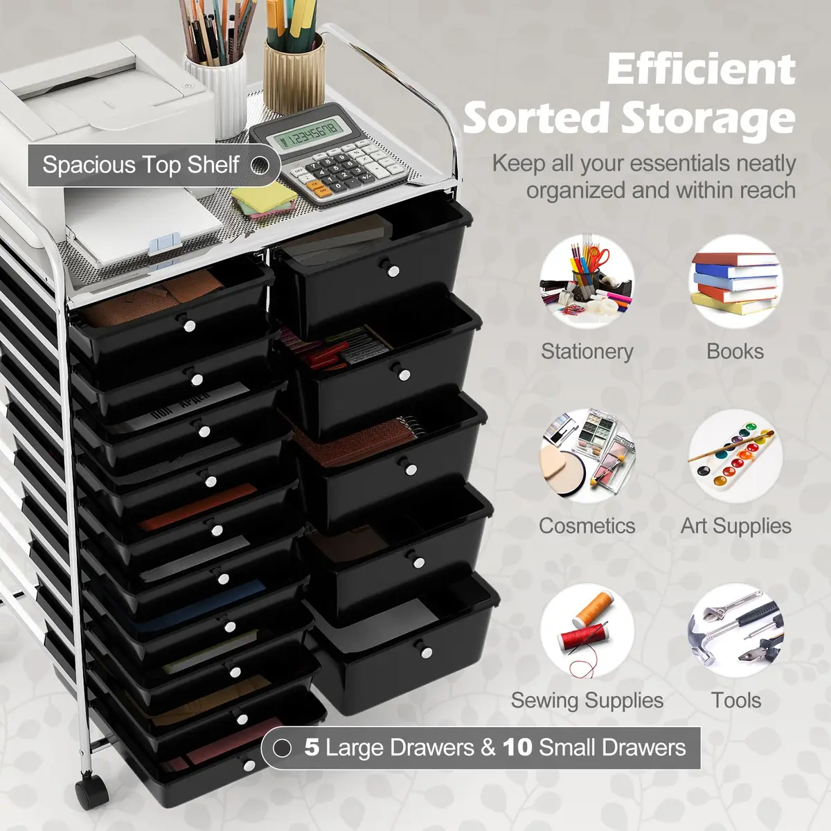 RELAX4LIFE 15-Drawer Rolling Storage Cart | Lockable Wheels & Removable Drawers for Home & Office - view 4