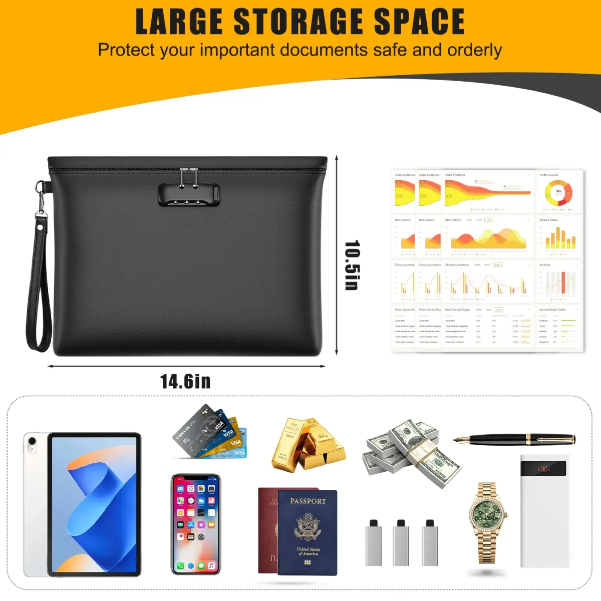 ZOOPIP Black Fireproof Money Bag with Lock, 14.6"x10.5" - Rated to 5200℉ | Secure Document Pouch - view 2