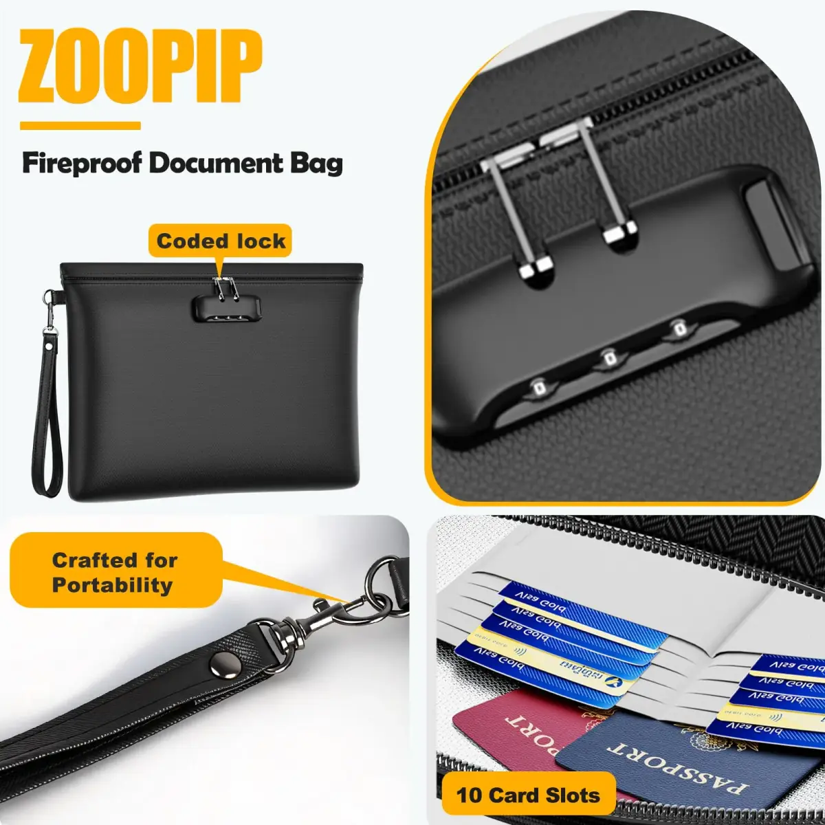ZOOPIP Black Fireproof Money Bag with Lock, 14.6"x10.5" - Rated to 5200℉ | Secure Document Pouch - view 4