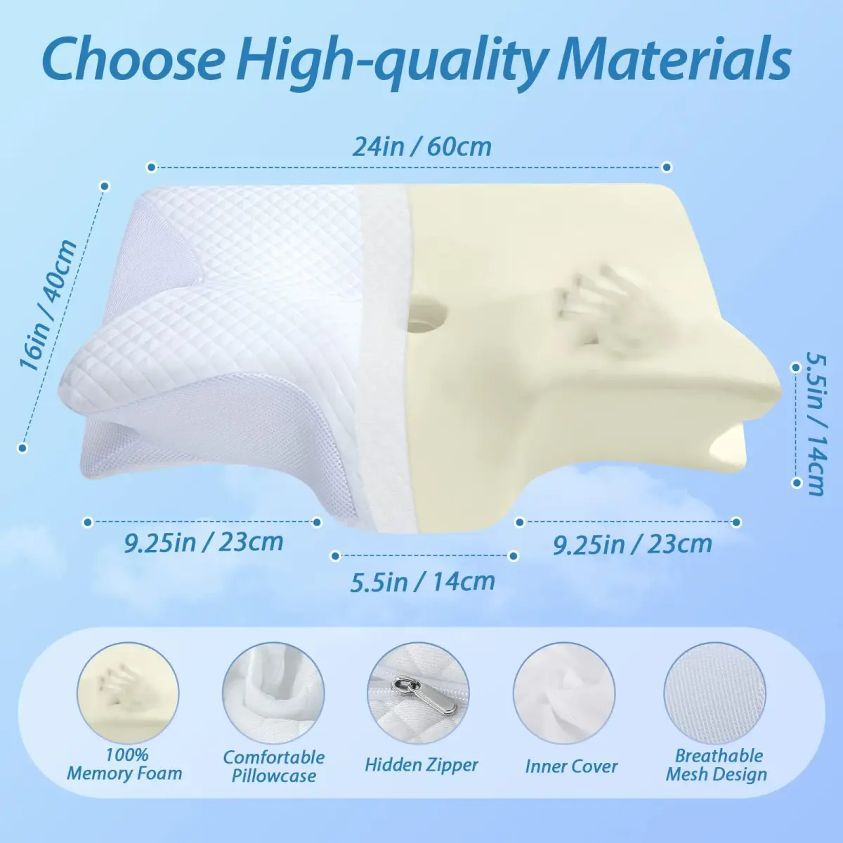 HOMCA Memory Foam Cervical Pillow 23.6 x 15.7 x 4.7/5.6 inches | CertiPUR-US Certified for Neck Pain Relief - view 2