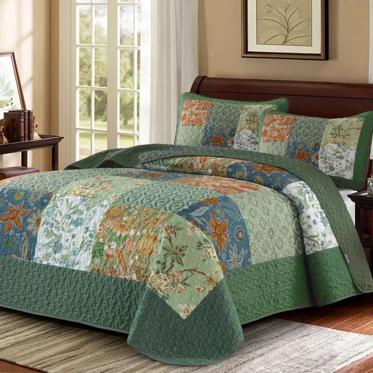 DJY Patchwork Quilt Set Queen Green Boho Rustic Floral Bedspread Coverlet | All-Season Microfiber Comfort - main product image