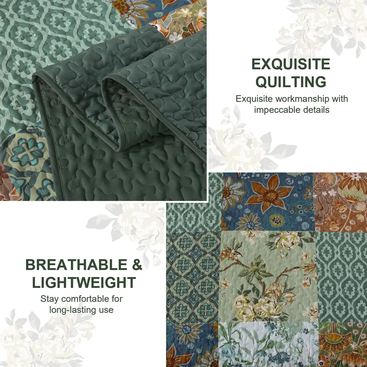 DJY Patchwork Quilt Set Queen Green Boho Rustic Floral Bedspread Coverlet | All-Season Microfiber Comfort - view 5