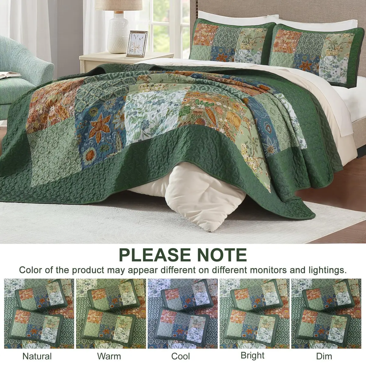 DJY Patchwork Quilt Set Queen Green Boho Rustic Floral Bedspread Coverlet | All-Season Microfiber Comfort - view 6