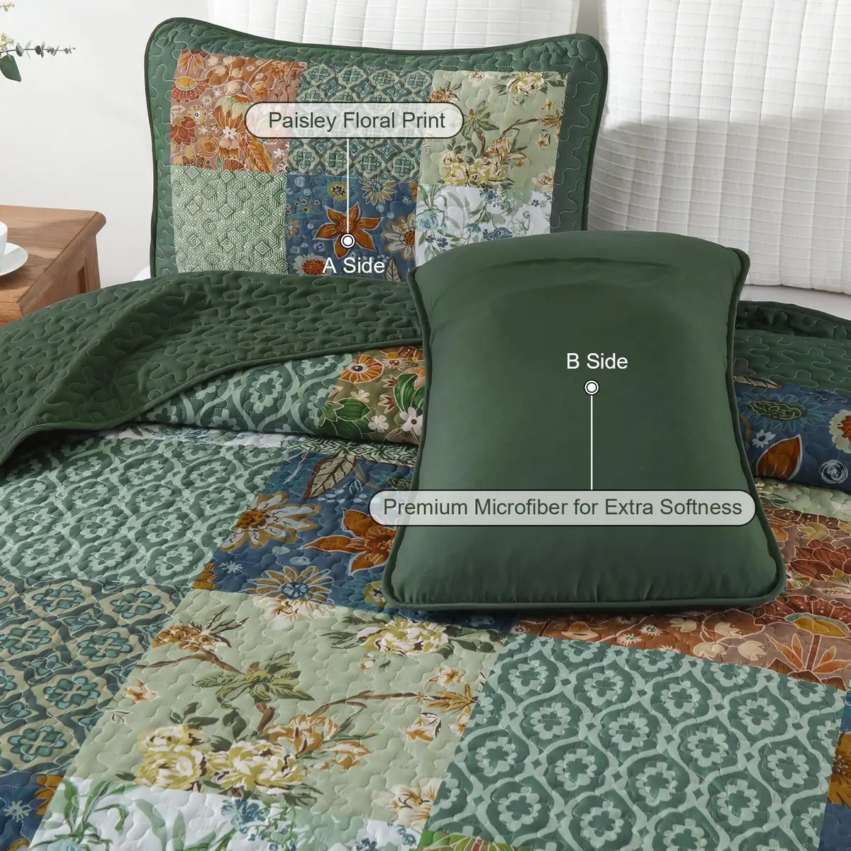 DJY Patchwork Quilt Set Queen Green Boho Rustic Floral Bedspread Coverlet | All-Season Microfiber Comfort - view 7