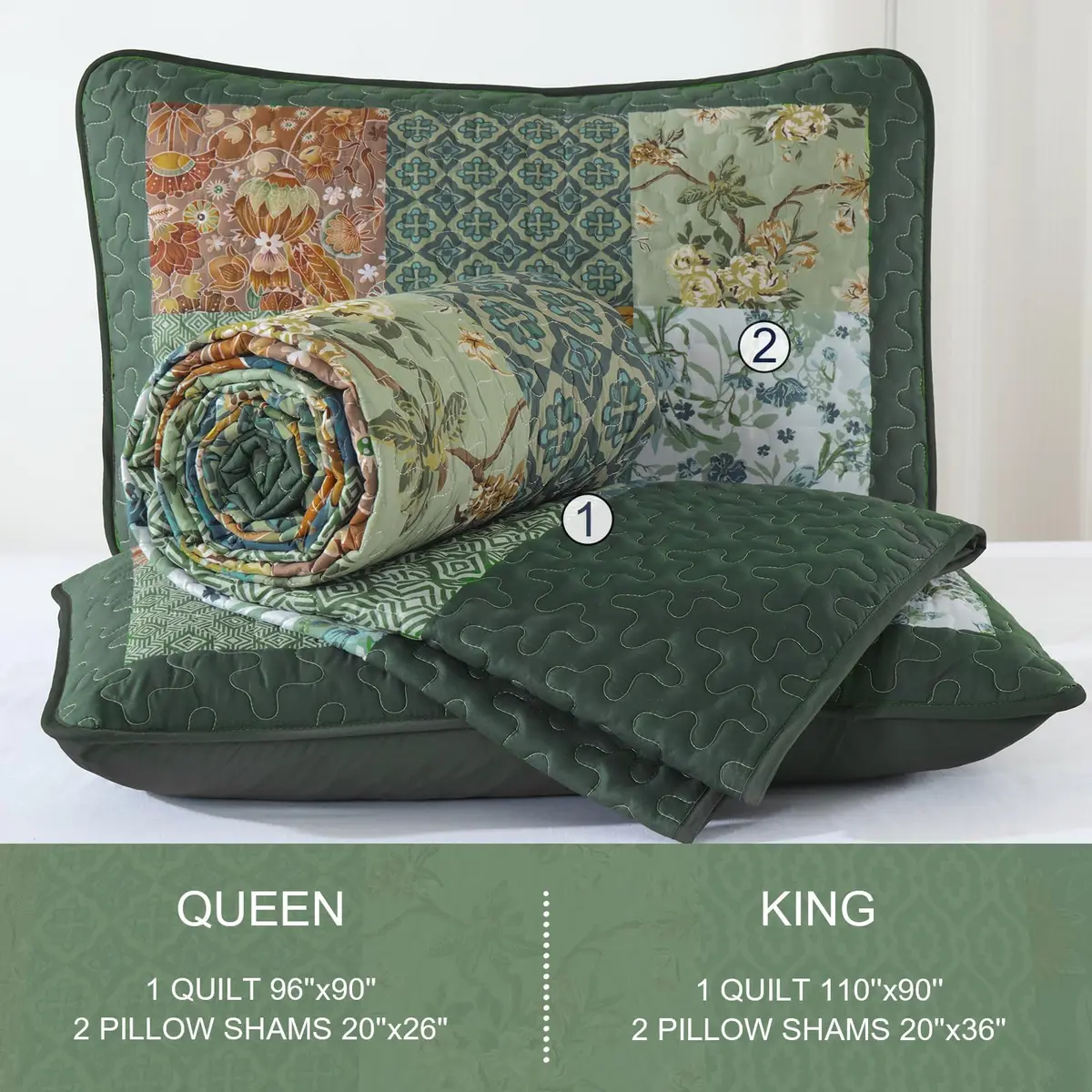 DJY Patchwork Quilt Set Queen Green Boho Rustic Floral Bedspread Coverlet | All-Season Microfiber Comfort - view 8