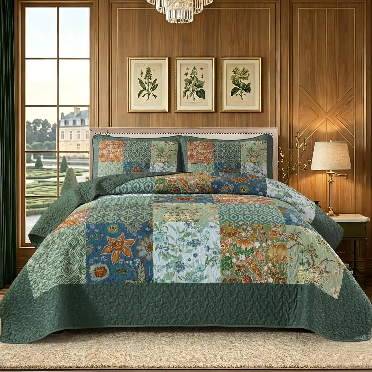 DJY Patchwork Quilt Set Queen Green Boho Rustic Floral Bedspread Coverlet | All-Season Microfiber Comfort - view 2