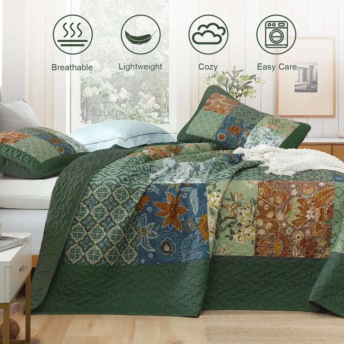 DJY Patchwork Quilt Set Queen Green Boho Rustic Floral Bedspread Coverlet | All-Season Microfiber Comfort - view 3