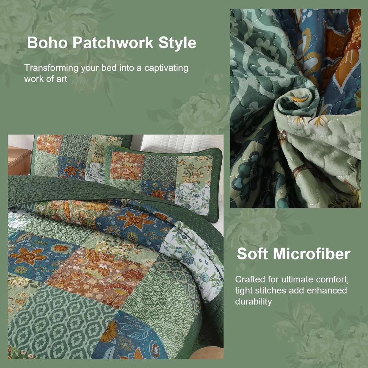DJY Patchwork Quilt Set Queen Green Boho Rustic Floral Bedspread Coverlet | All-Season Microfiber Comfort - view 4