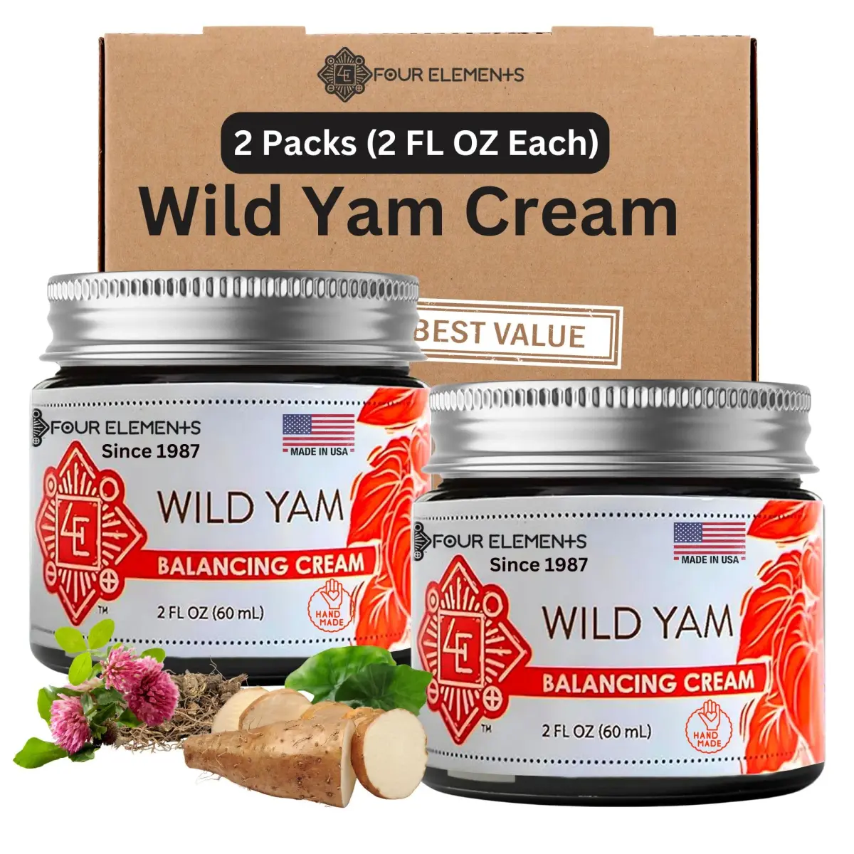 Four Elements 4E Wild Yam Balancing Cream 4 oz (2 x 2 oz) | Award-Winning Herbal Cream with Yam Root, Black Cohosh, Red Clover - main product image