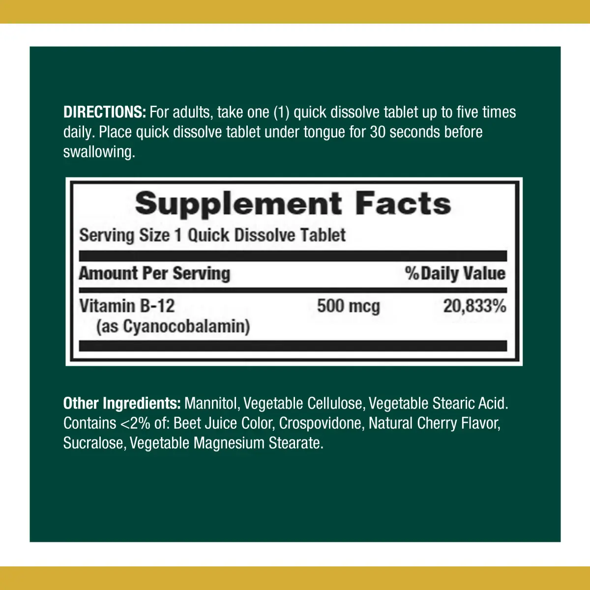 Nature's Bounty Vitamin B12 Quick Dissolve Tablets 500mcg Cherry Flavor | Supports Energy Metabolism & Nervous System Health (300 Tablets Total) - view 2
