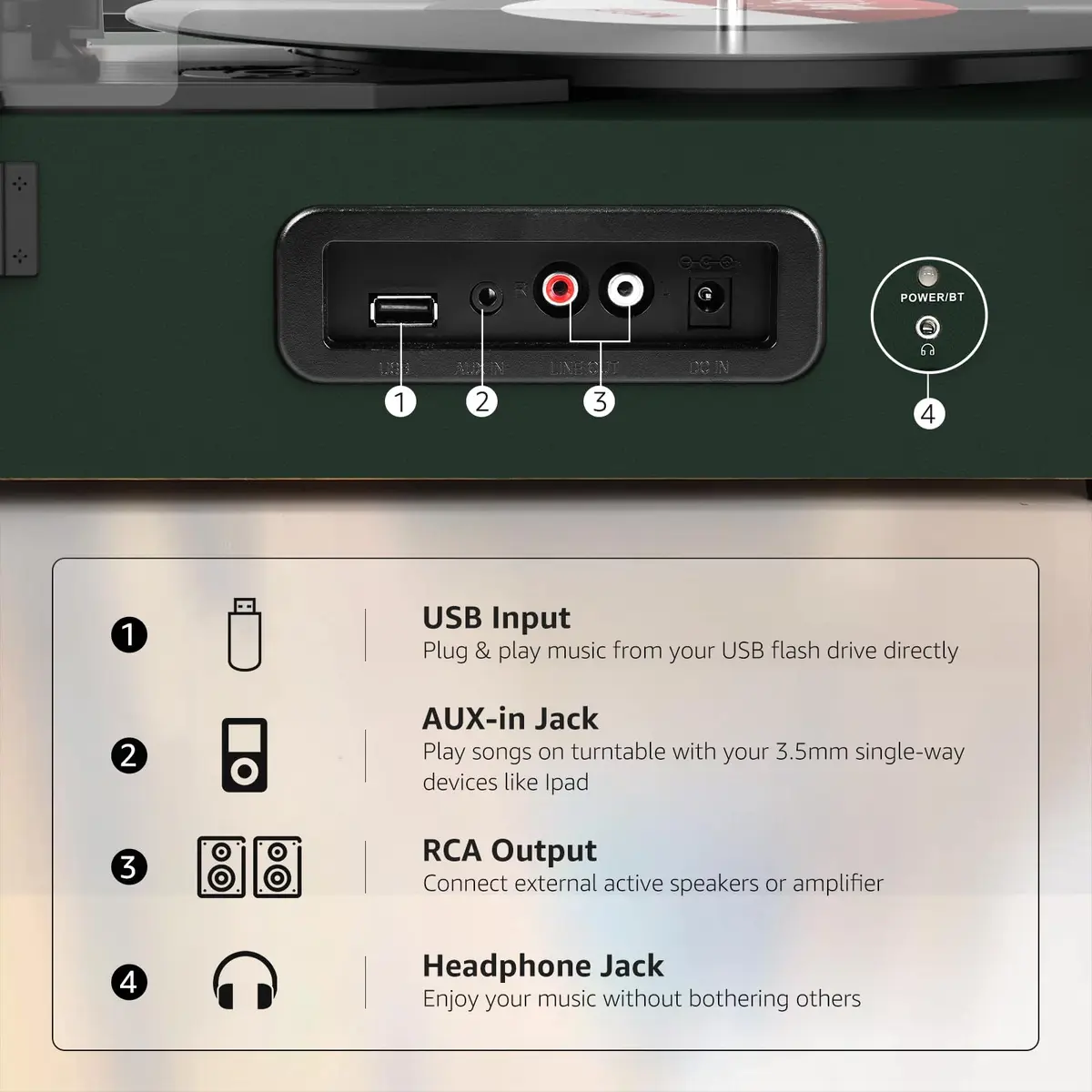 Udreamer Green Belt Drive Turntable with Speakers & USB | 3-Speed Vinyl Record Player - view 5