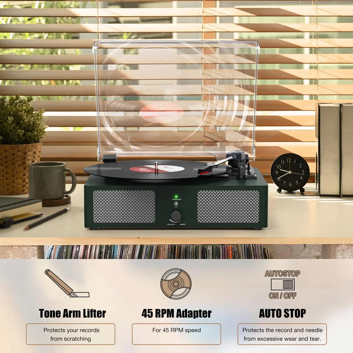 Udreamer Green Belt Drive Turntable with Speakers & USB | 3-Speed Vinyl Record Player - view 6