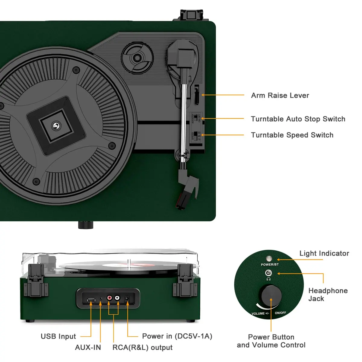 Udreamer Green Belt Drive Turntable with Speakers & USB | 3-Speed Vinyl Record Player - view 7
