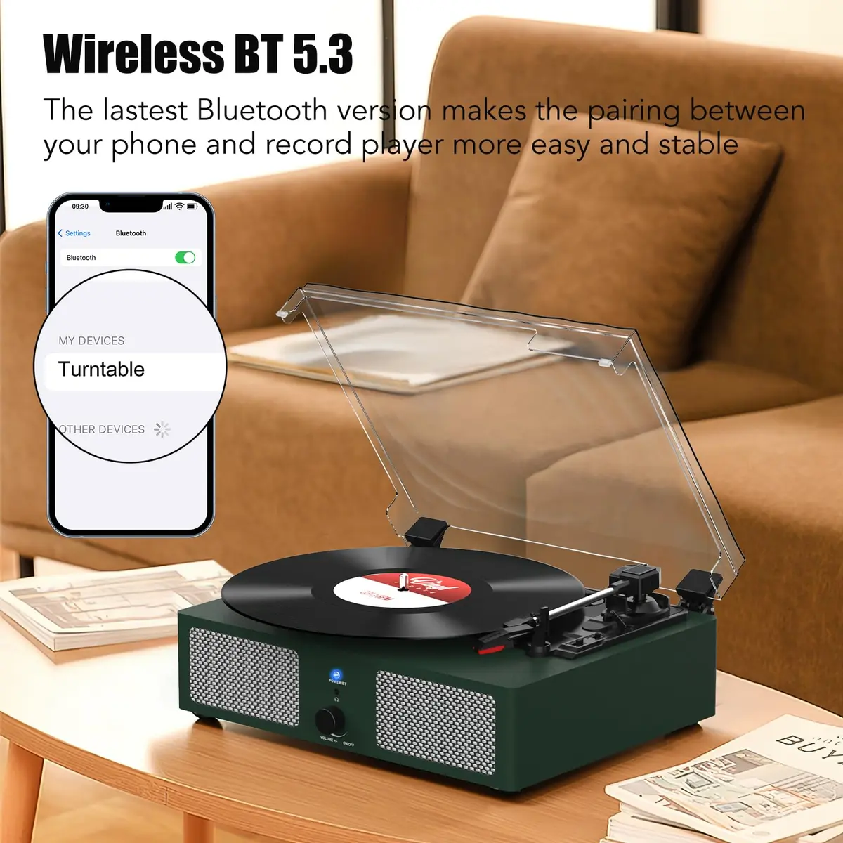 Udreamer Green Belt Drive Turntable with Speakers & USB | 3-Speed Vinyl Record Player - view 2