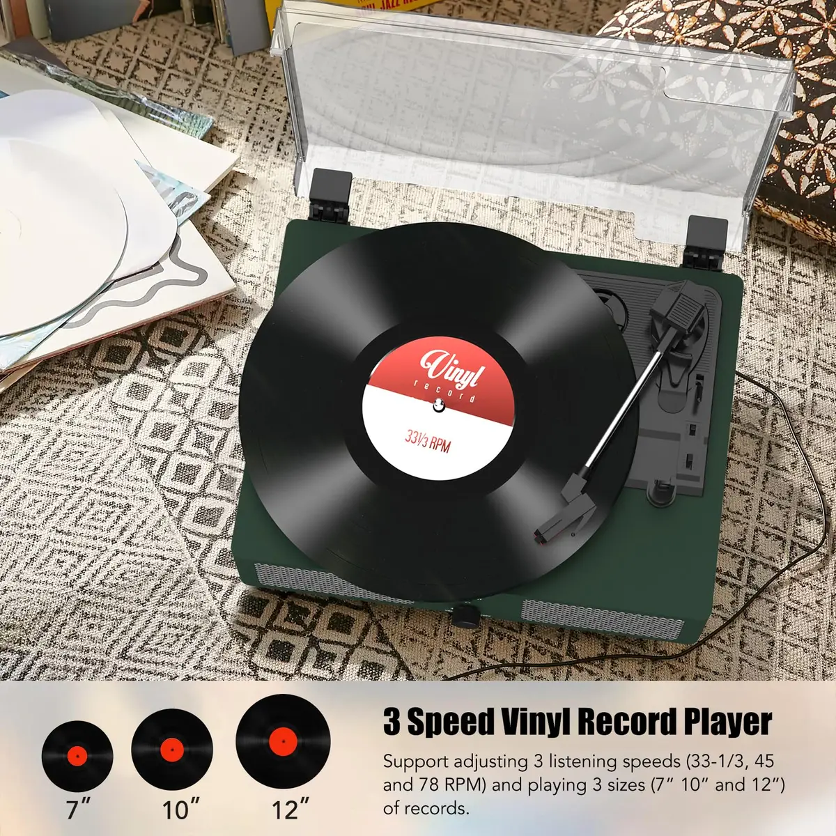 Udreamer Green Belt Drive Turntable with Speakers & USB | 3-Speed Vinyl Record Player - view 4