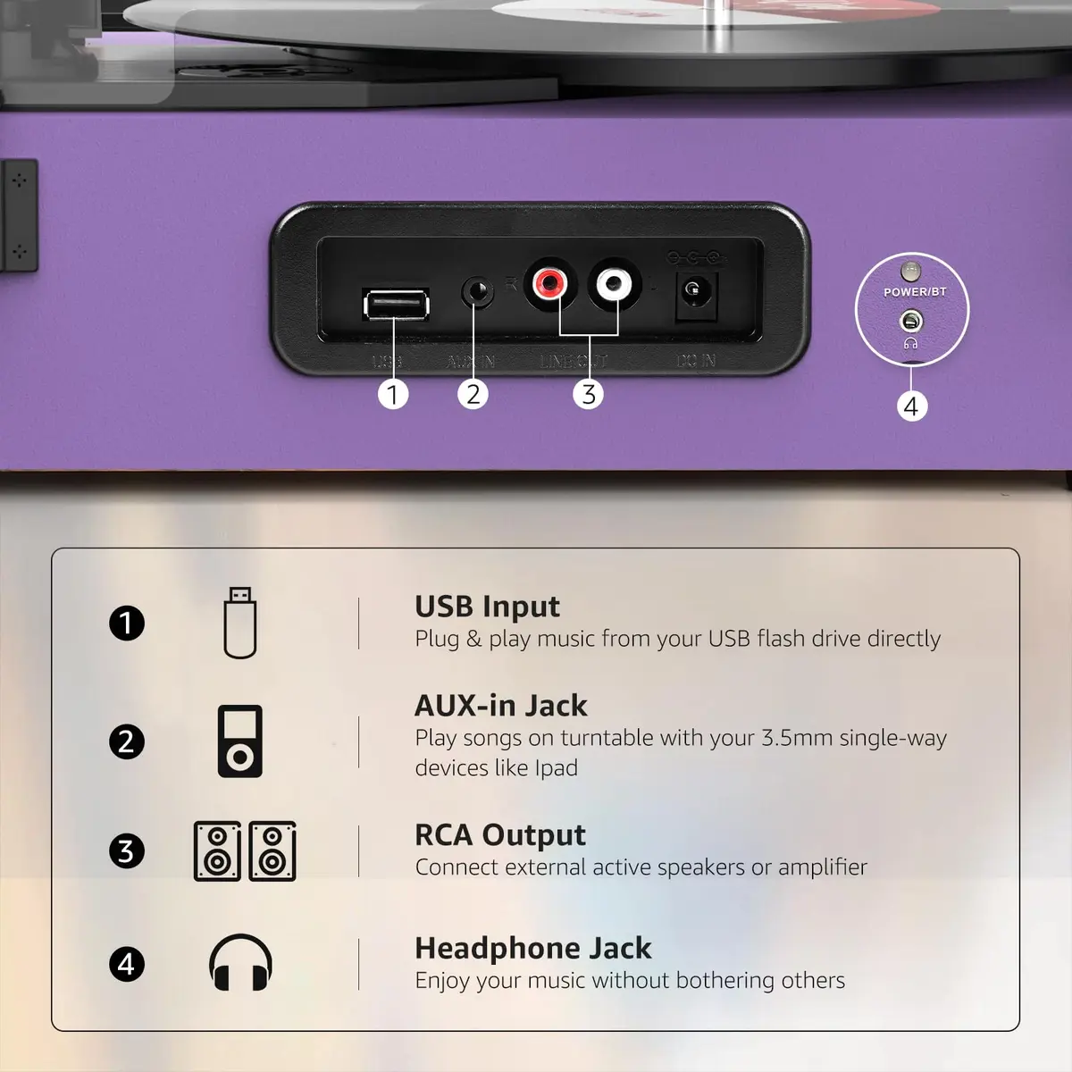 Udreamer Purple Vinyl Record Player with Built-in Speakers & Bluetooth, 3-Speed Belt Drive, 32.5cm (12.8") | Imported for India - view 5