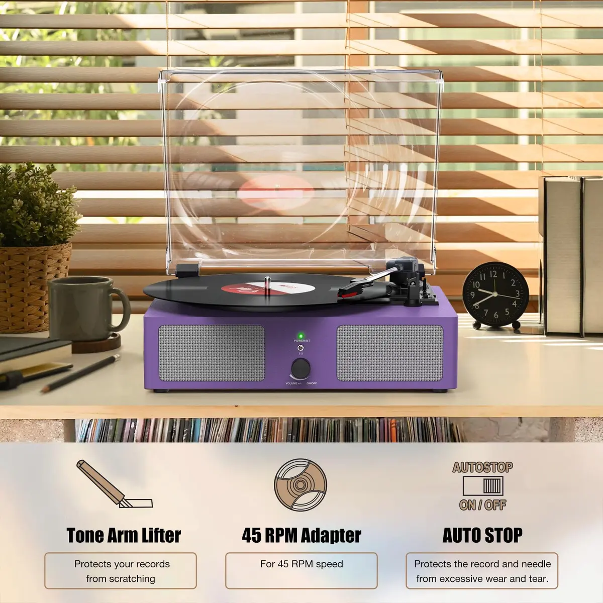 Udreamer Purple Vinyl Record Player with Built-in Speakers & Bluetooth, 3-Speed Belt Drive, 32.5cm (12.8") | Imported for India - view 6