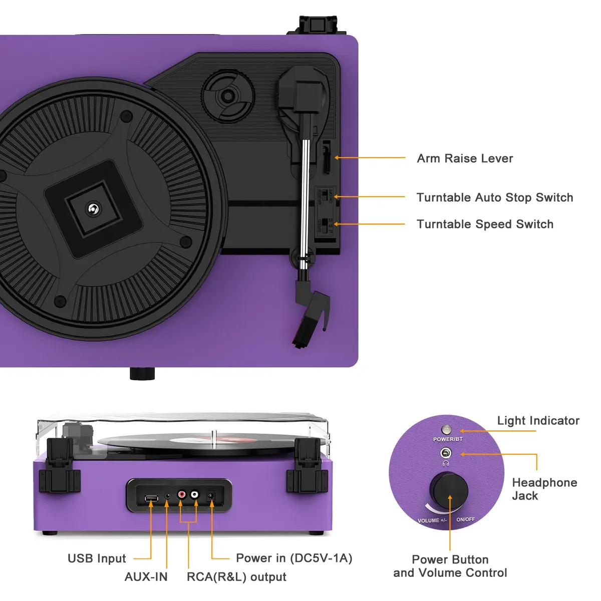 Udreamer Purple Vinyl Record Player with Built-in Speakers & Bluetooth, 3-Speed Belt Drive, 32.5cm (12.8") | Imported for India - view 7