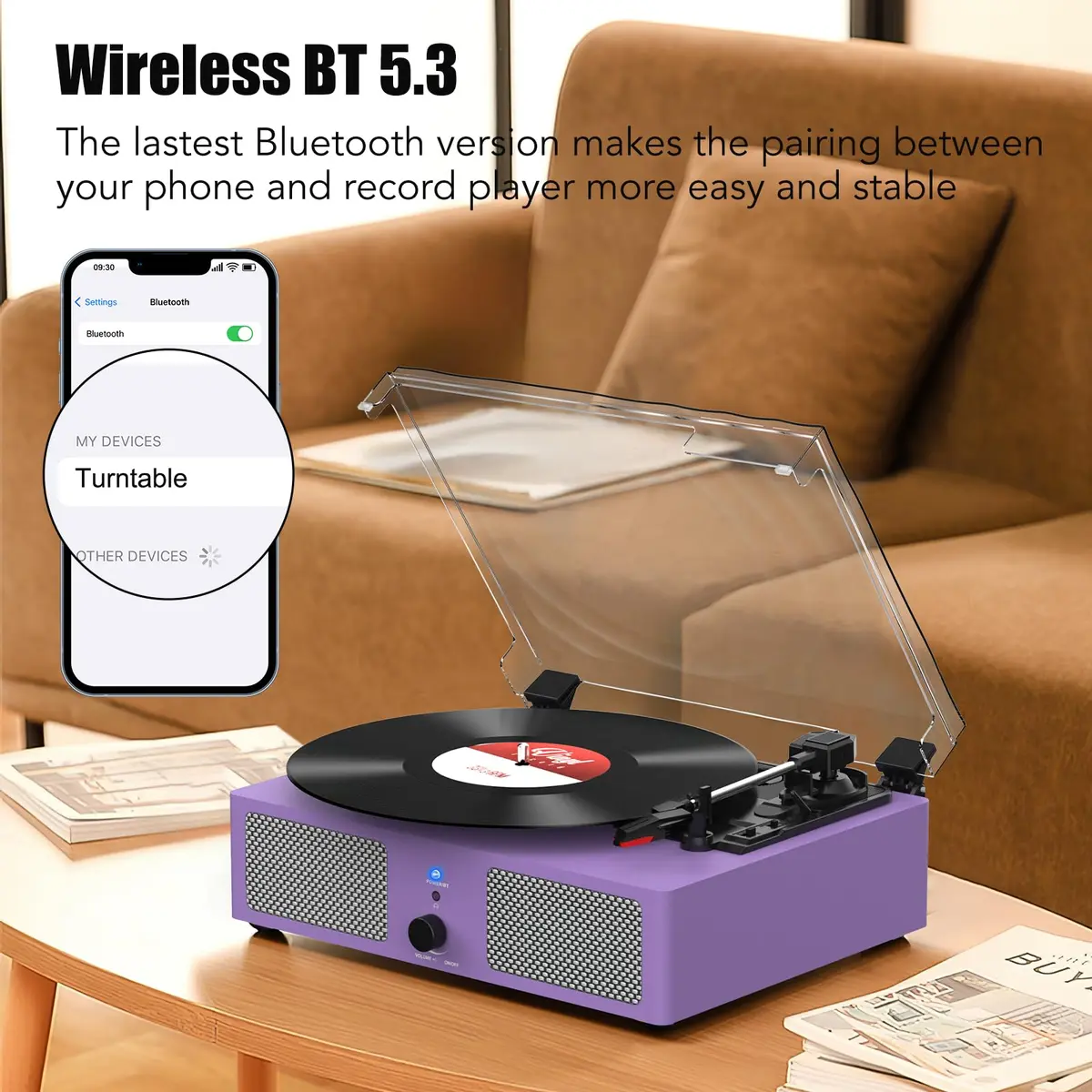 Udreamer Purple Vinyl Record Player with Built-in Speakers & Bluetooth, 3-Speed Belt Drive, 32.5cm (12.8") | Imported for India - view 2