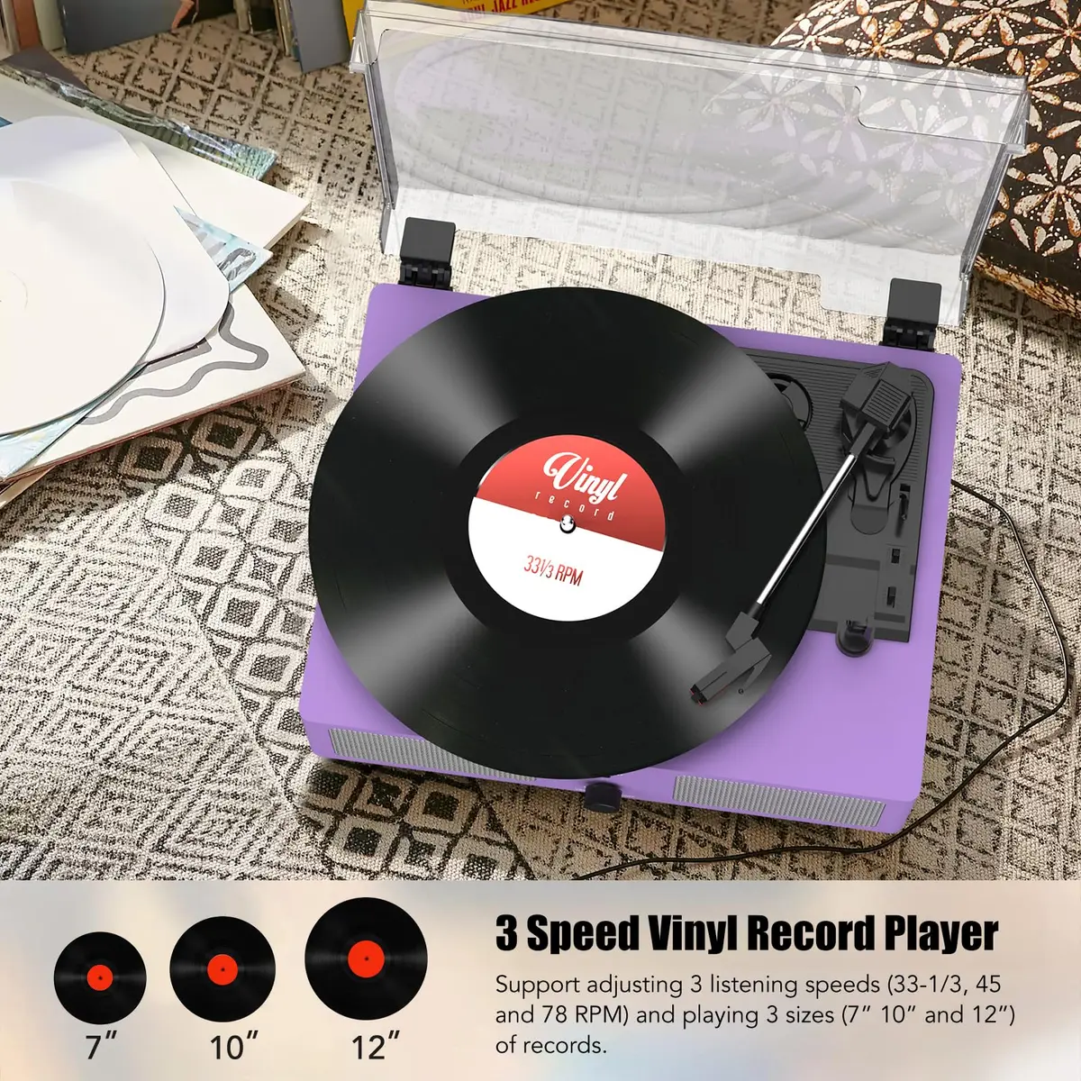 Udreamer Purple Vinyl Record Player with Built-in Speakers & Bluetooth, 3-Speed Belt Drive, 32.5cm (12.8") | Imported for India - view 4