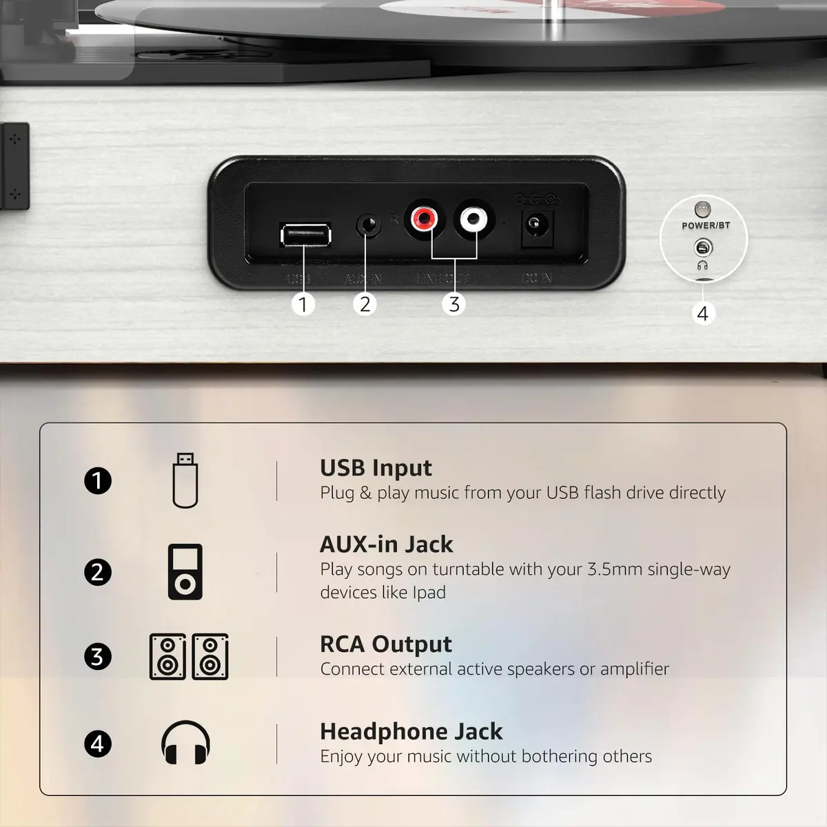 Udreamer White Vinyl Record Player with Speakers & USB | Belt Drive, 3 Speeds, Bluetooth - view 5